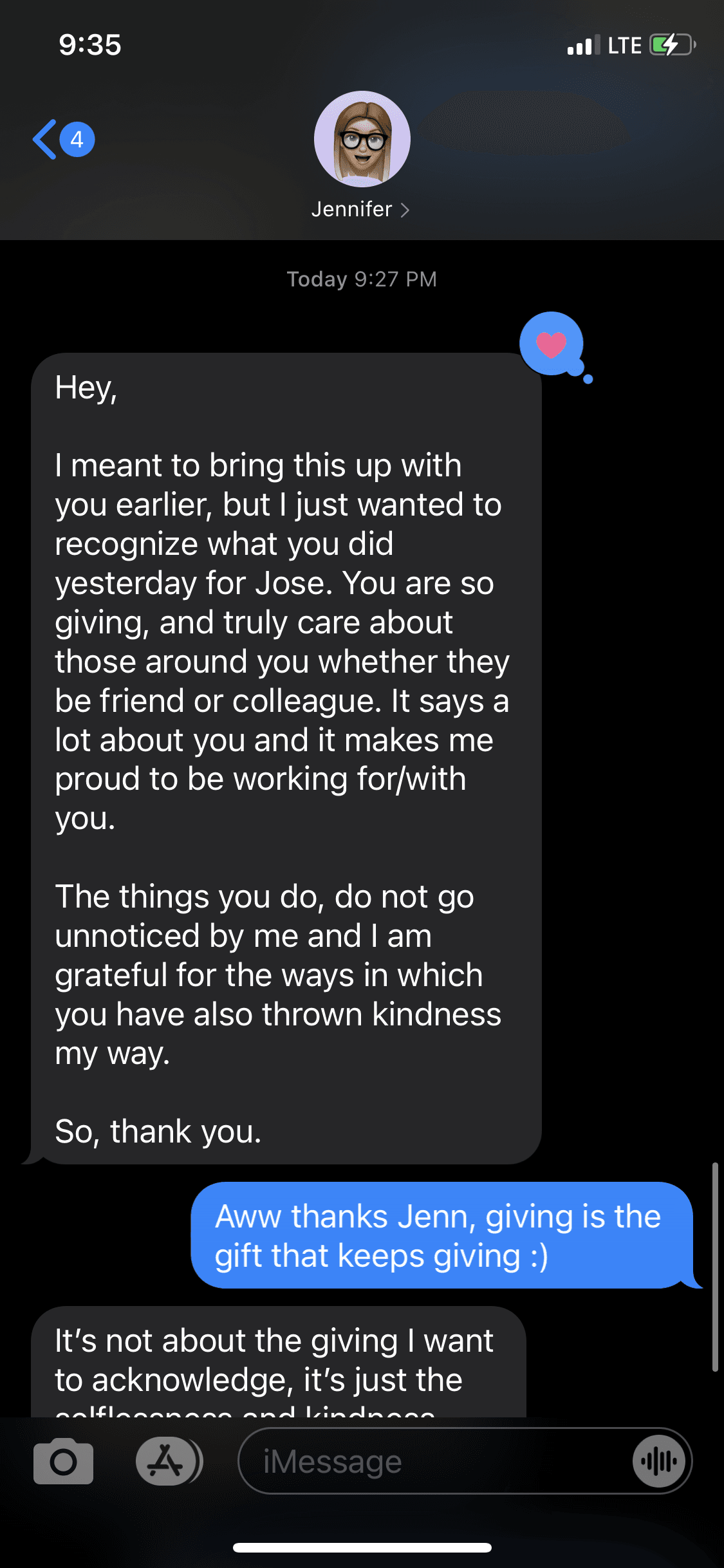 Message from Jennifer thanking Brendan for his generosity, care, and kindness toward colleagues.