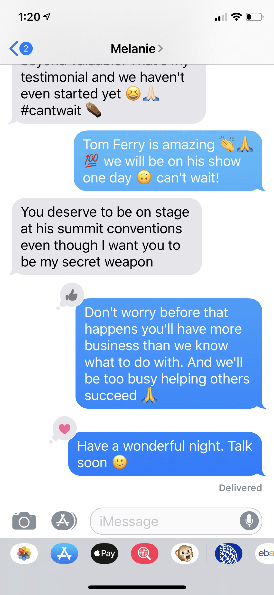 Message from Melanie encouraging Brendan to speak on stage and calling him her secret weapon.