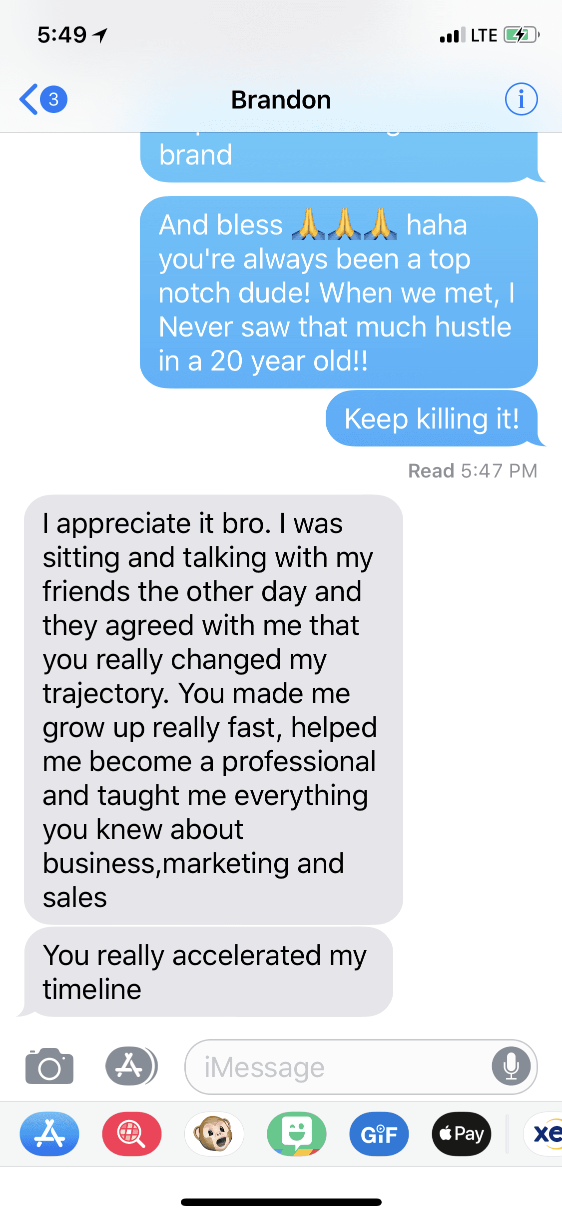 Message from Brandon crediting Brendan with accelerating his professional and business growth.