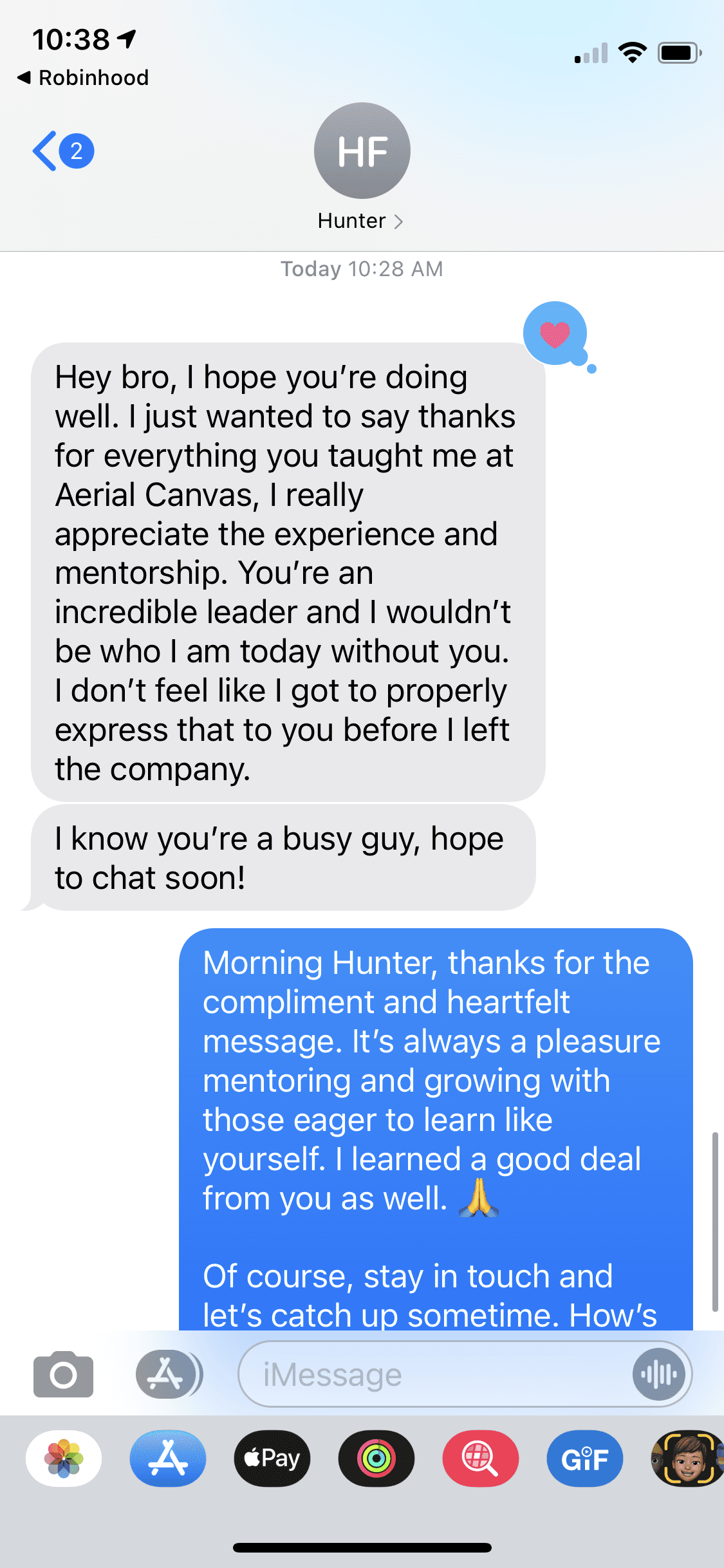 Message from Hunter thanking Brendan for the experience, leadership, and mentorship at Aerial Canvas.