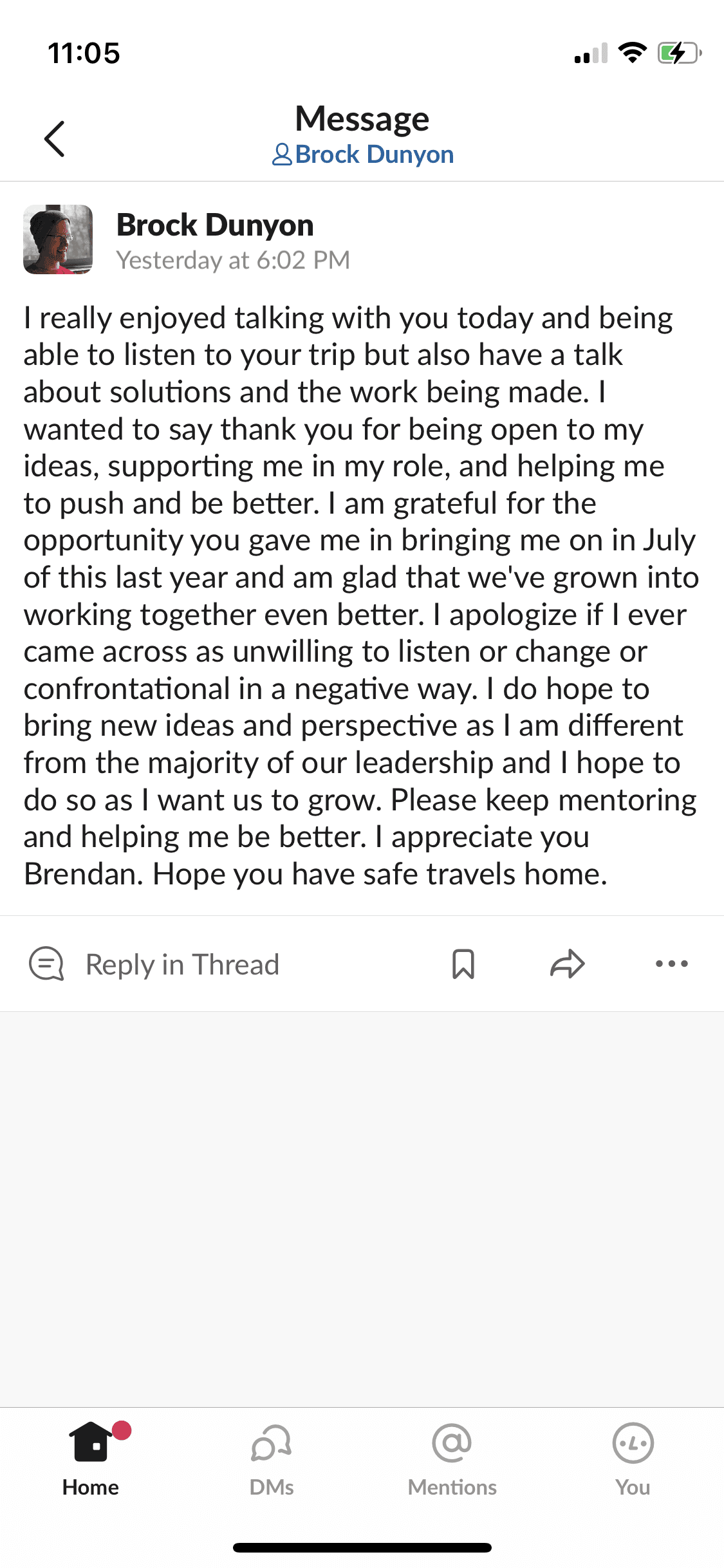 Slack message from Brock Dunyon thanking Brendan for his openness, support, and mentorship.