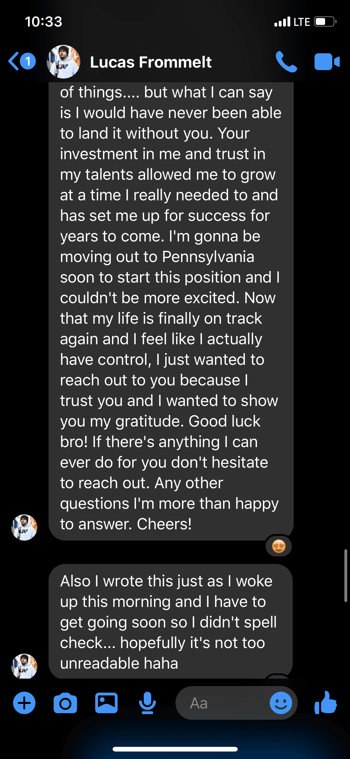 Second half of a message from Lucas Frommelt thanking Brendan for investing in his talents and future.