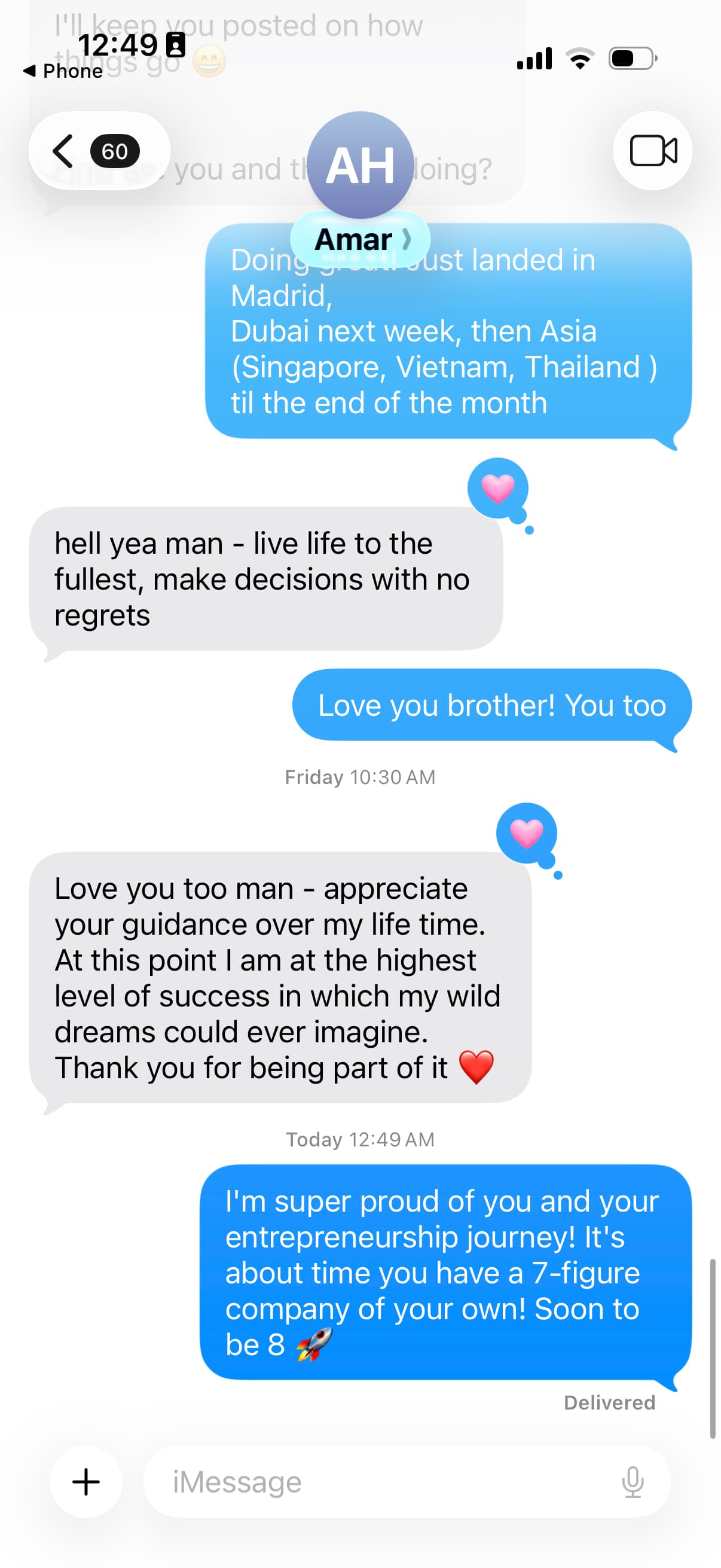 iMessage from Amar thanking Brendan for lifelong guidance and crediting him as part of his entrepreneurial success.