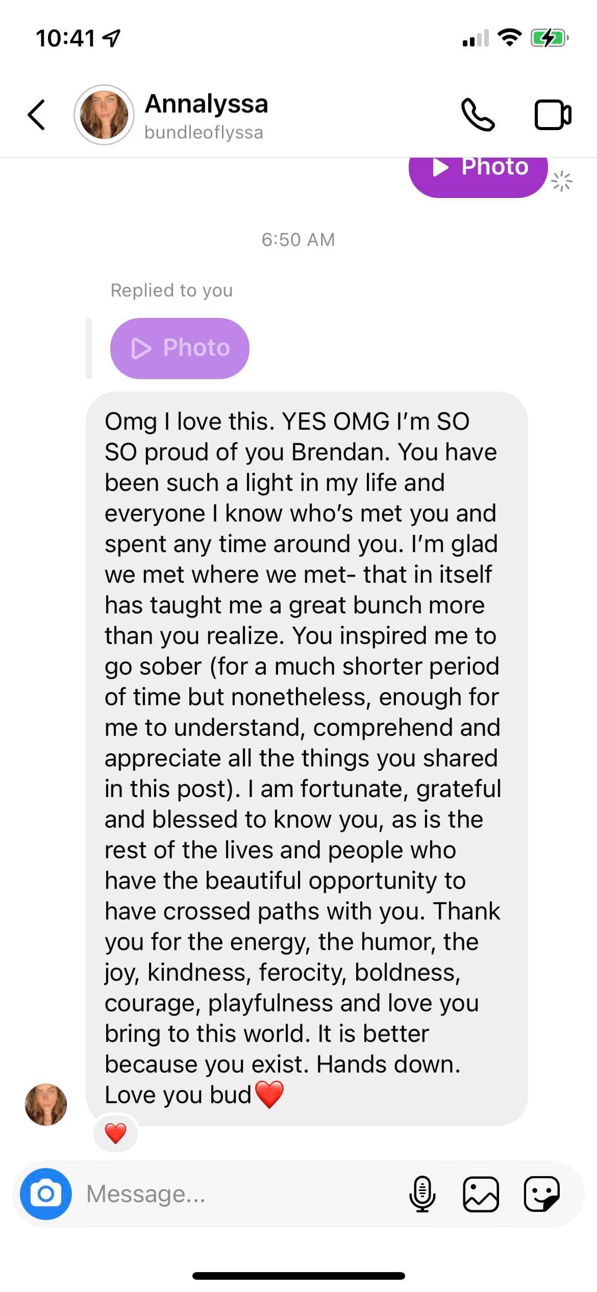 Instagram message from Annalyssa describing Brendan as a light and an inspiration in her life.