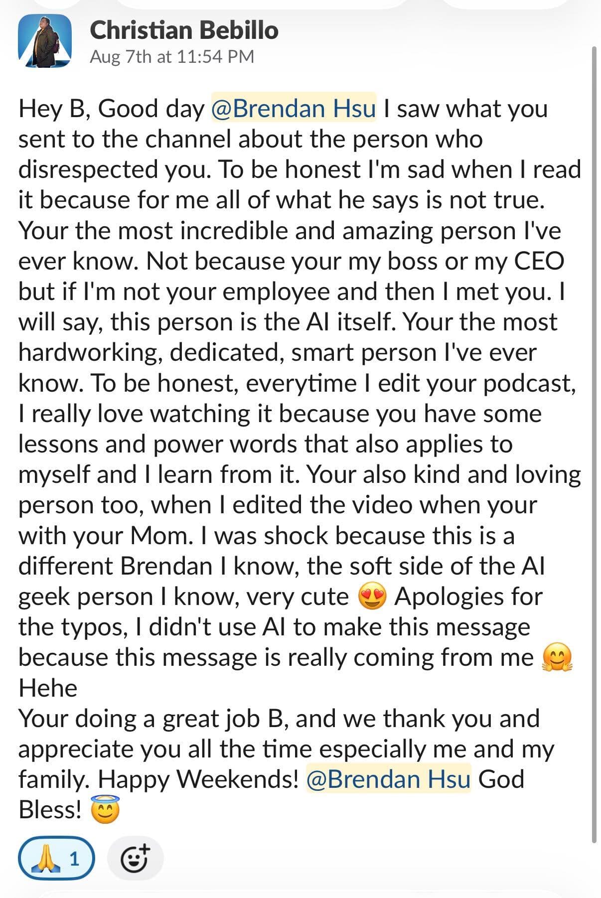 Slack message from Christian Bebillo praising Brendan's leadership, work ethic, kindness, and teaching.