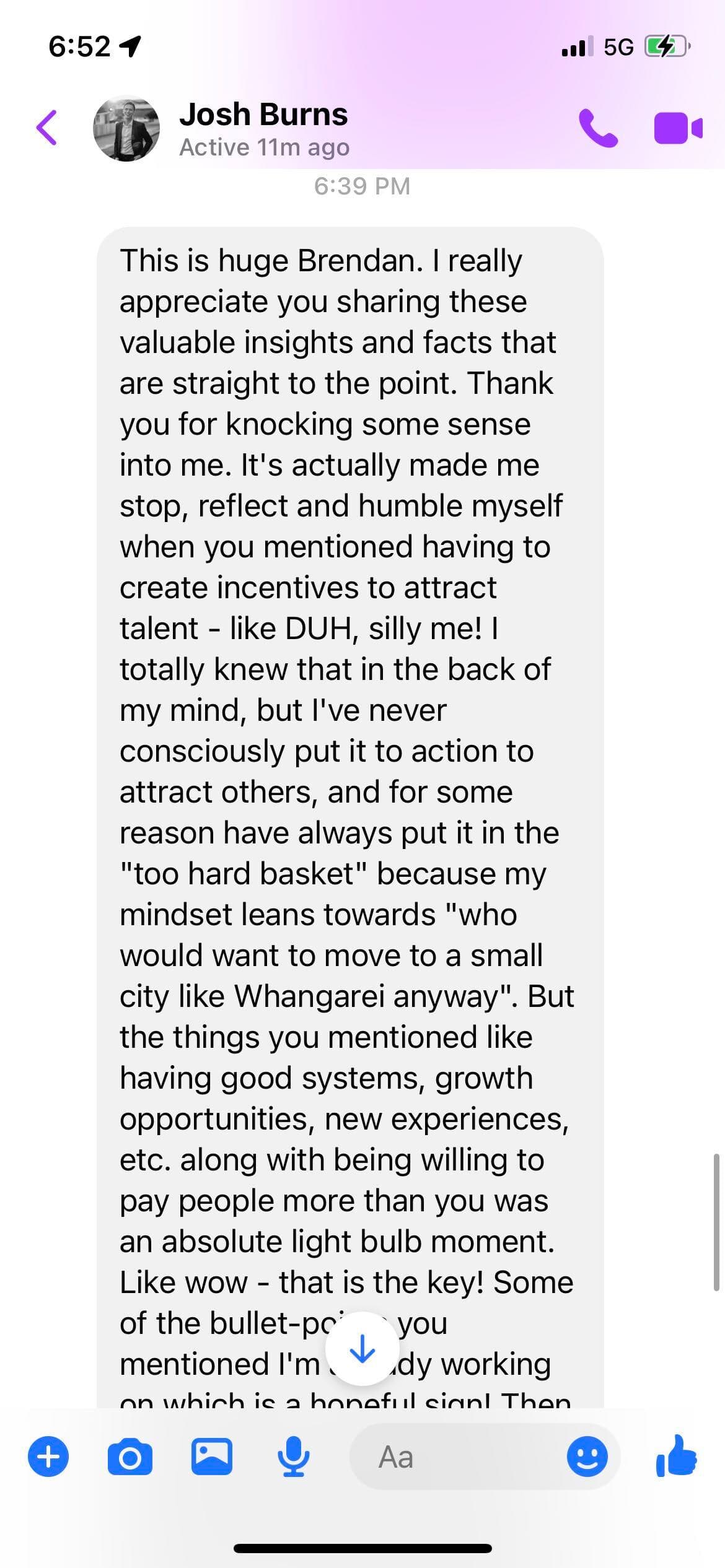 First half of a Messenger message from Josh Burns thanking Brendan for practical business and talent guidance.