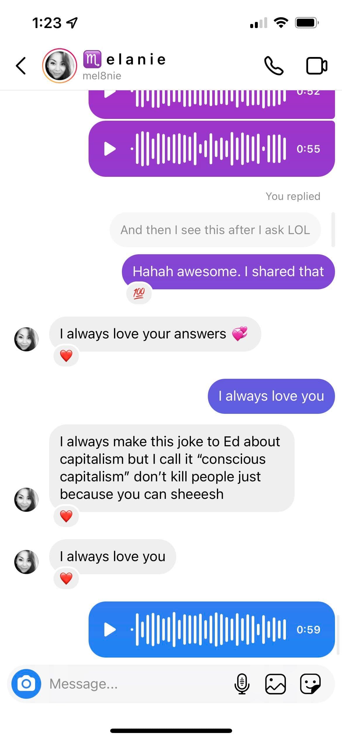 Instagram message from Melanie telling Brendan she values his answers and loves him.