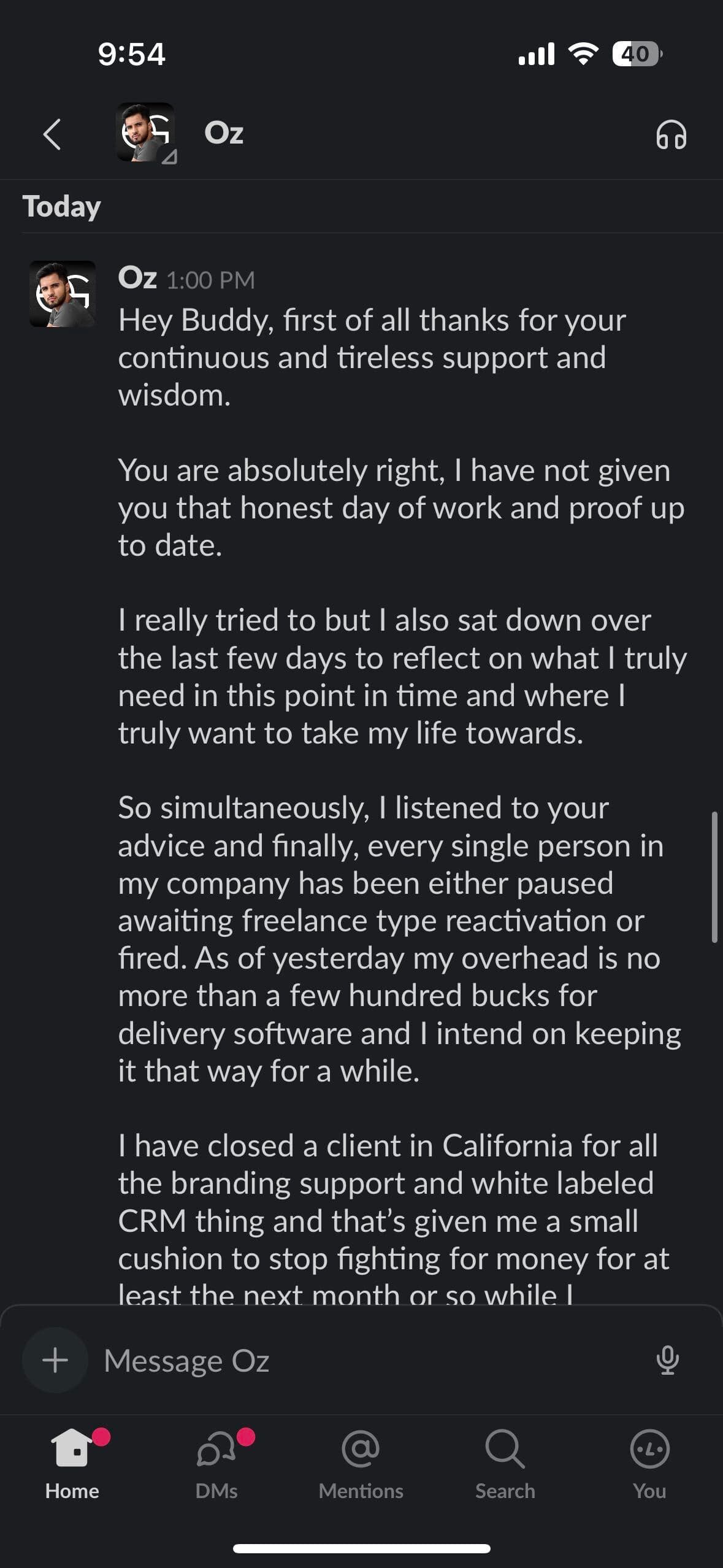 Slack message from Oz thanking Brendan for continuous support, wisdom, and business advice.