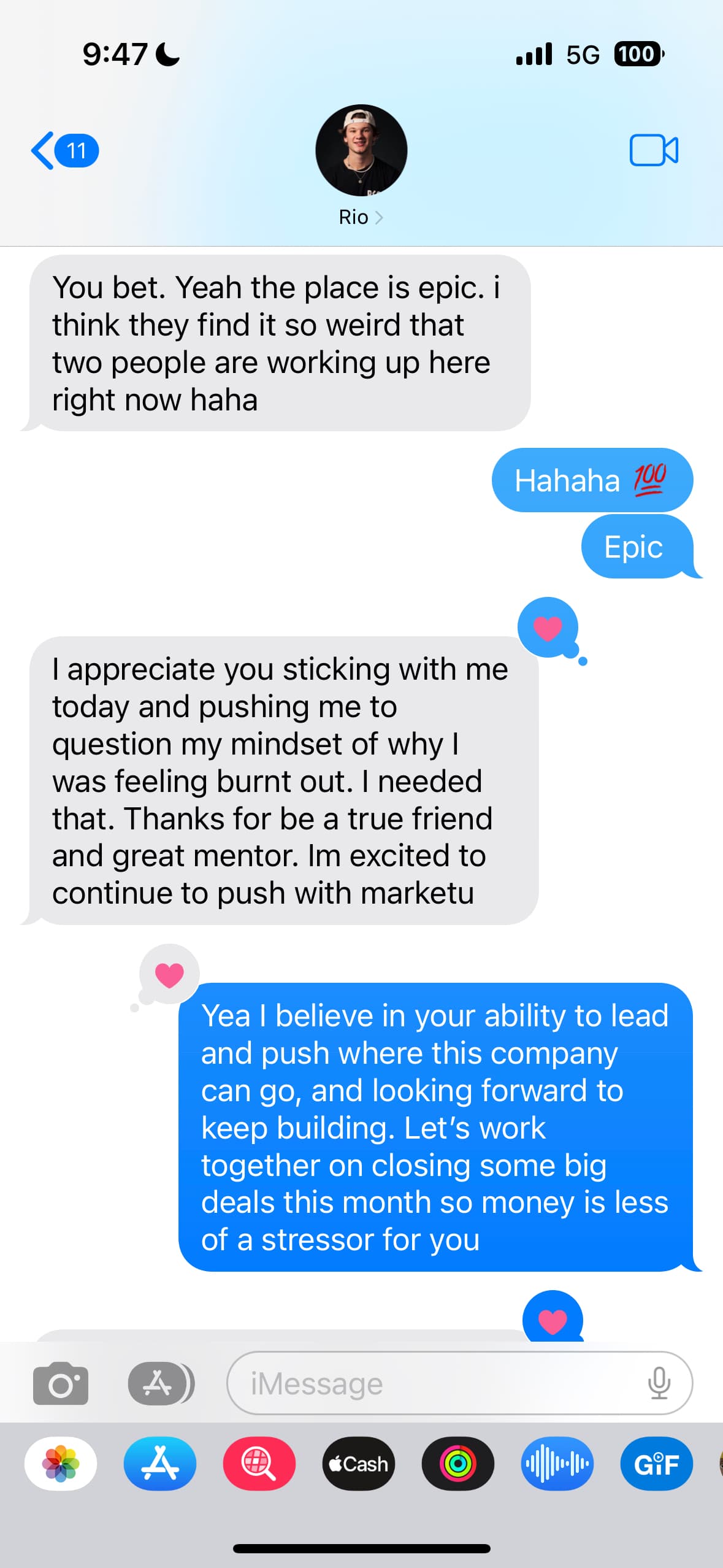 iMessage from Rio thanking Brendan for challenging his burnout mindset and being a true friend and mentor.