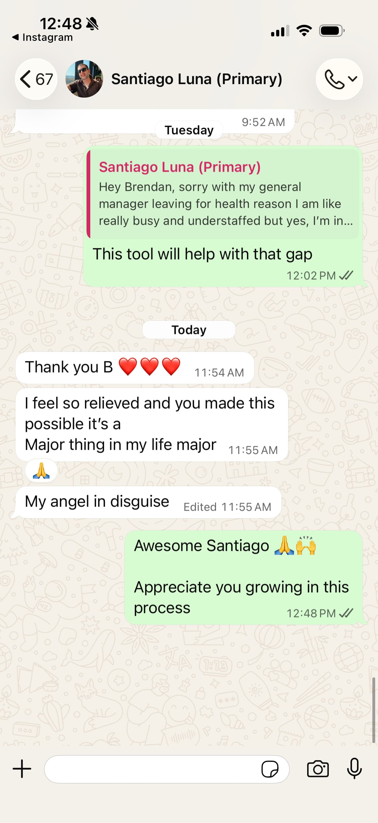 WhatsApp message from Santiago Luna expressing relief and thanking Brendan for making a major life change possible.